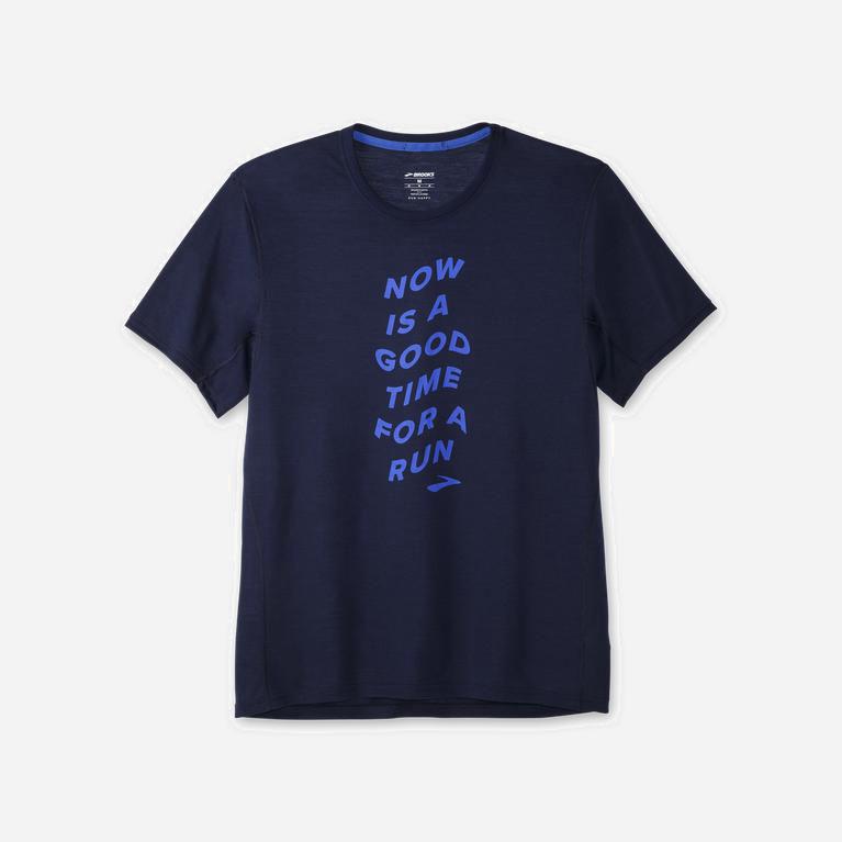 Brooks Distance Graphic Herren T-Shirts - Navy/Blau (EDIHP8371)